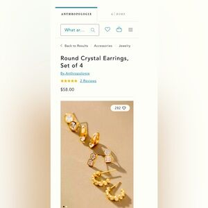 NWT Anthropologie 14 Karat Gold Coated Round Crystal Earrings, Set of Four